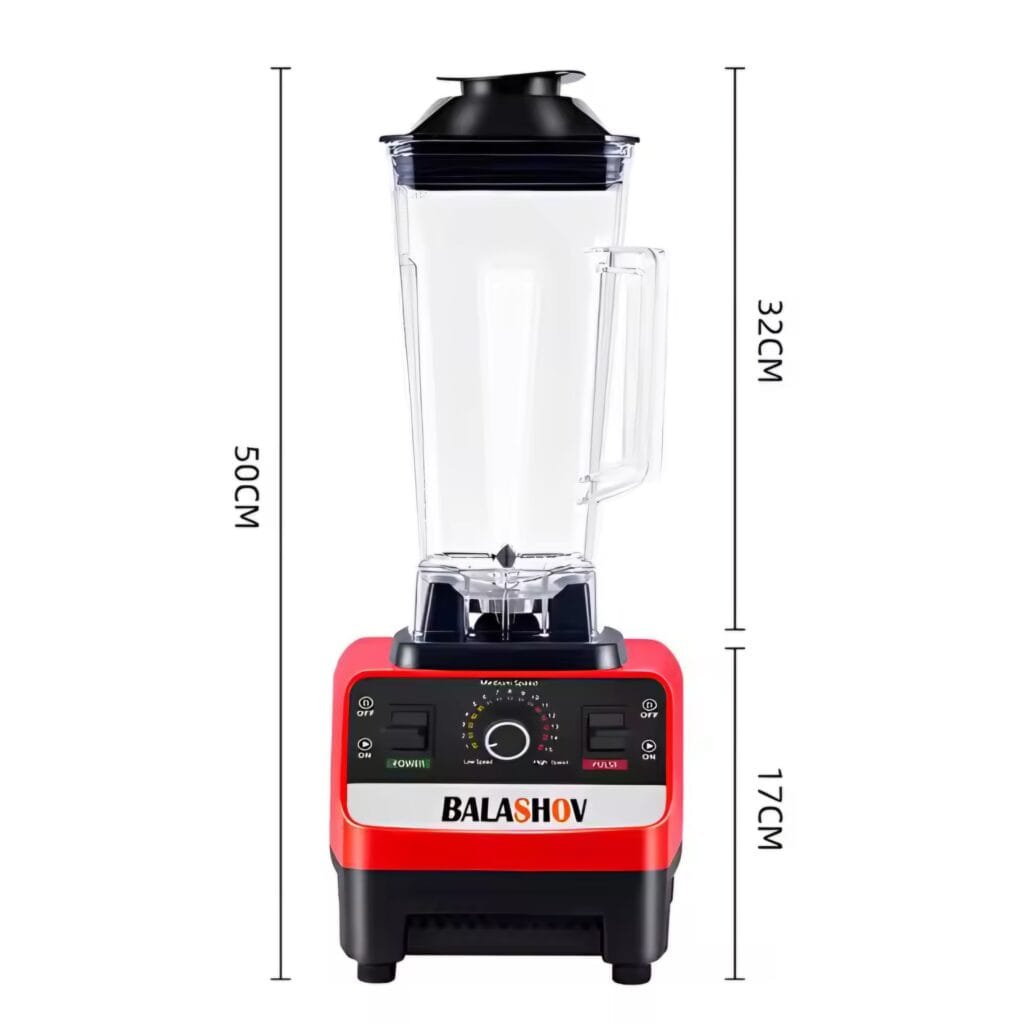 BALASHOV Blender Review showing the dimensions of the heavy duty blender