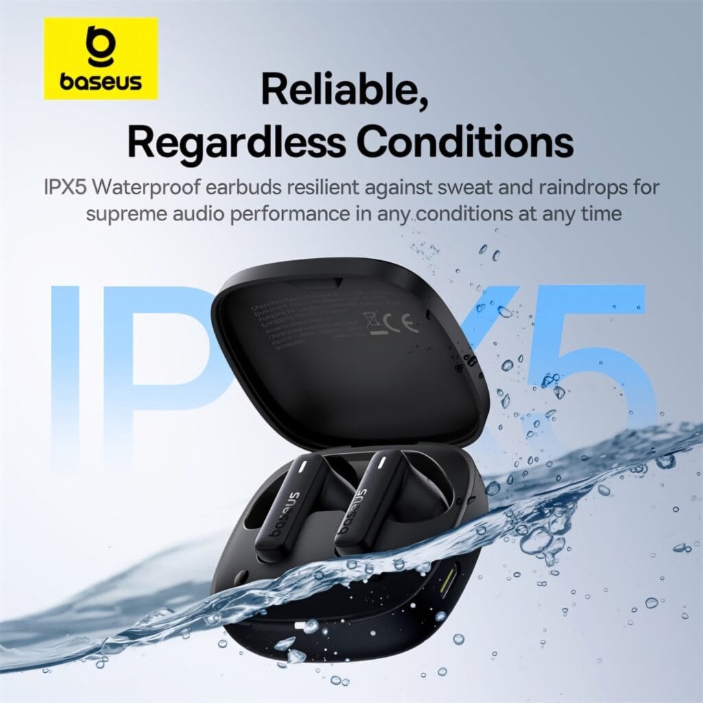 Baseus Bowie E19 Review showing IPX5 waterproof protection for sweat and rain