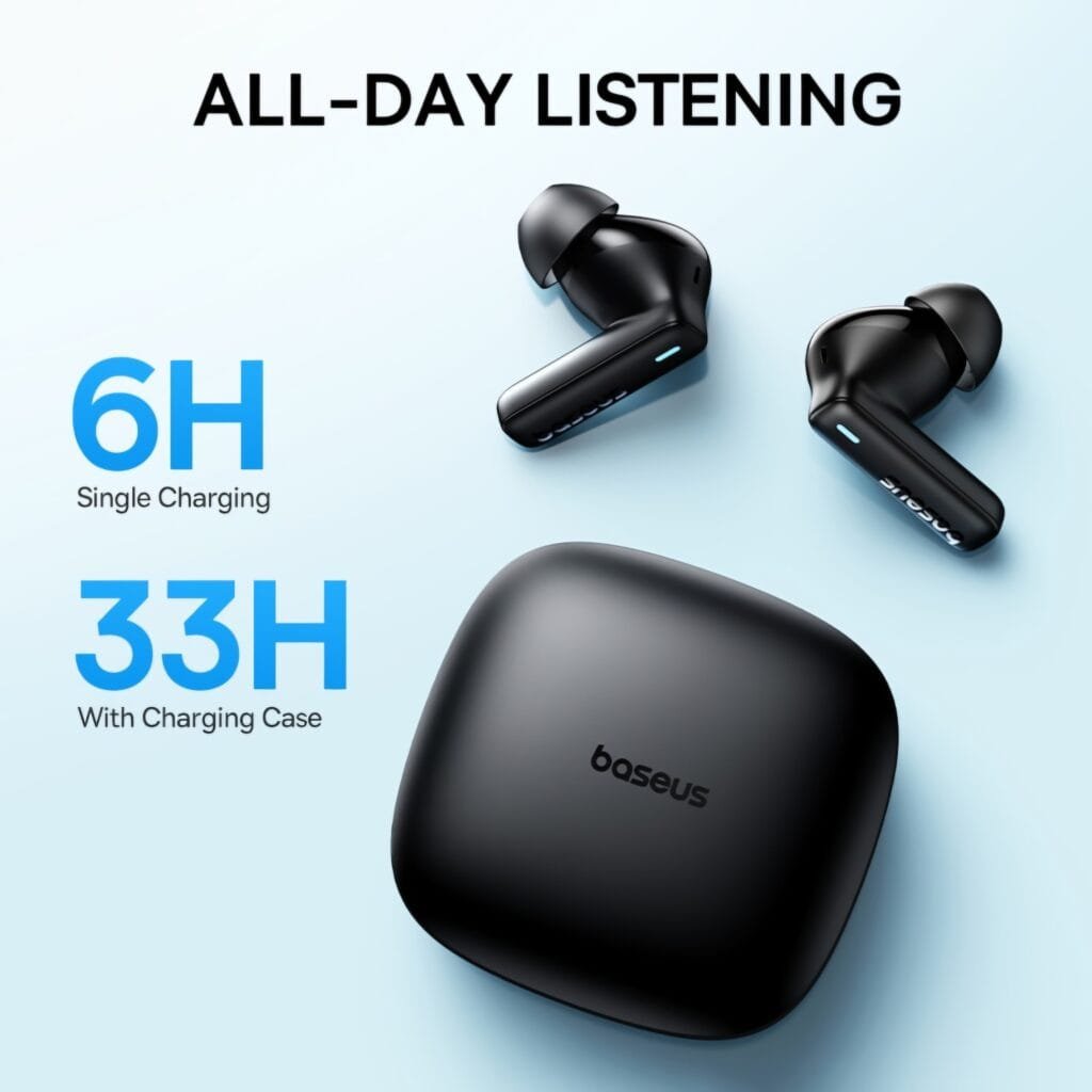 Baseus Bowie E19 Review highlighting 33 hours long battery life with charging case