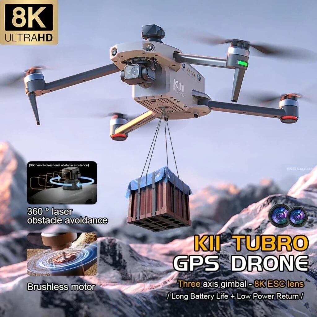 K11 Turbo Drone Review showing the grey GPS quadcopter with payload delivery system carrying a cargo box and 8K ultra HD camera features.