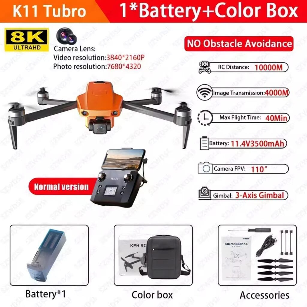 K11 Turbo Drone Review: Orange variant package with 1 battery and storage bag