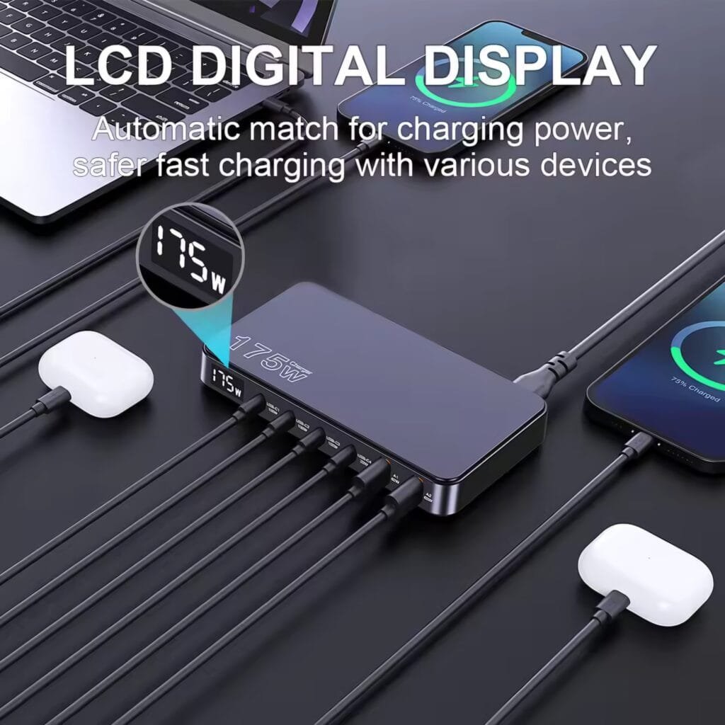 Ueetop 175W GaN Charger Review: LCD digital display showing real-time wattage while charging 6 devices