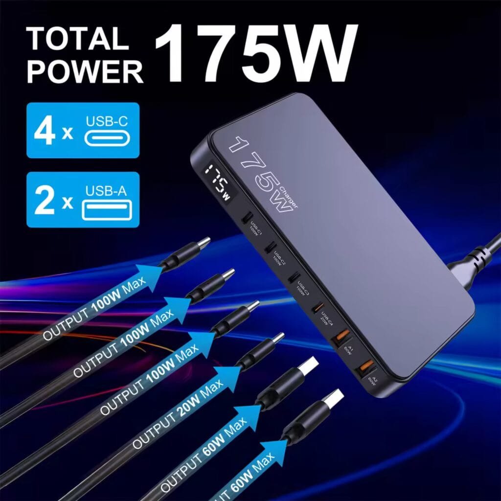 Ueetop 175W GaN Charger Review: Port specifications showing 4 USB-C and 2 USB-A outputs