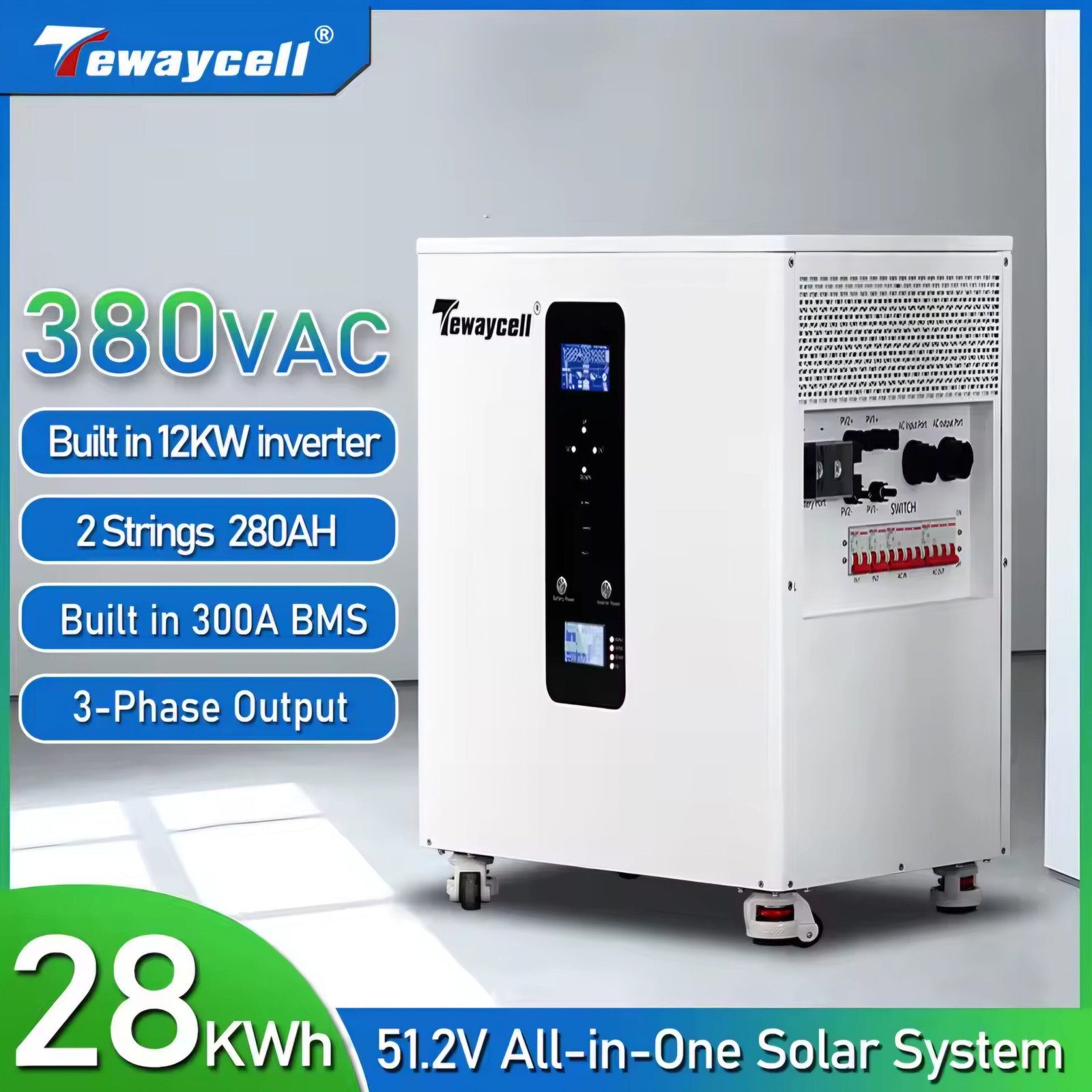 Tewaycell All-in-One Solar System Review showing the 28kWh LiFePO4 battery cabinet with integrated 12KW inverter and 300A BMS