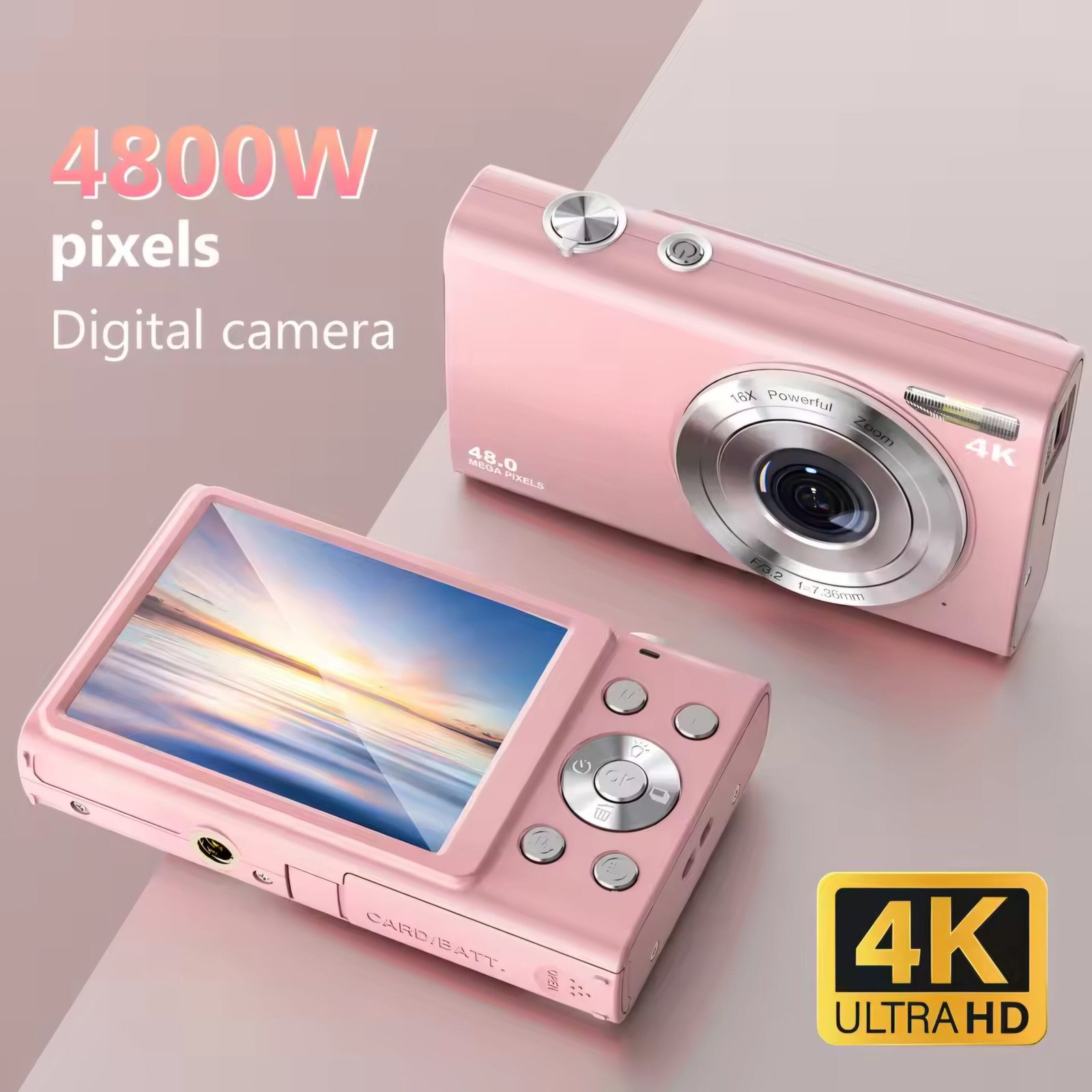 4K Digital Camera Review of the pink budget vlogging camera featuring 4800W pixels and 4K Ultra HD video support.
