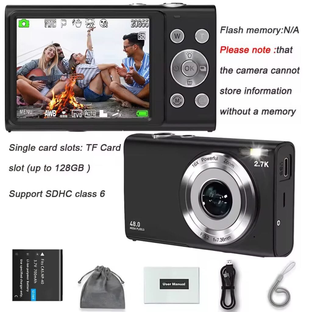 48MP Digital Camera Review: Black color variant with SD card slot and accessories