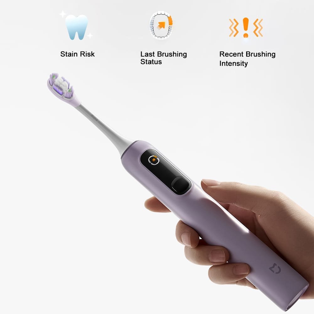 Smart screen display on Xiaomi Mijia Oscillation Electric Toothbrush showing brushing intensity and stain risk