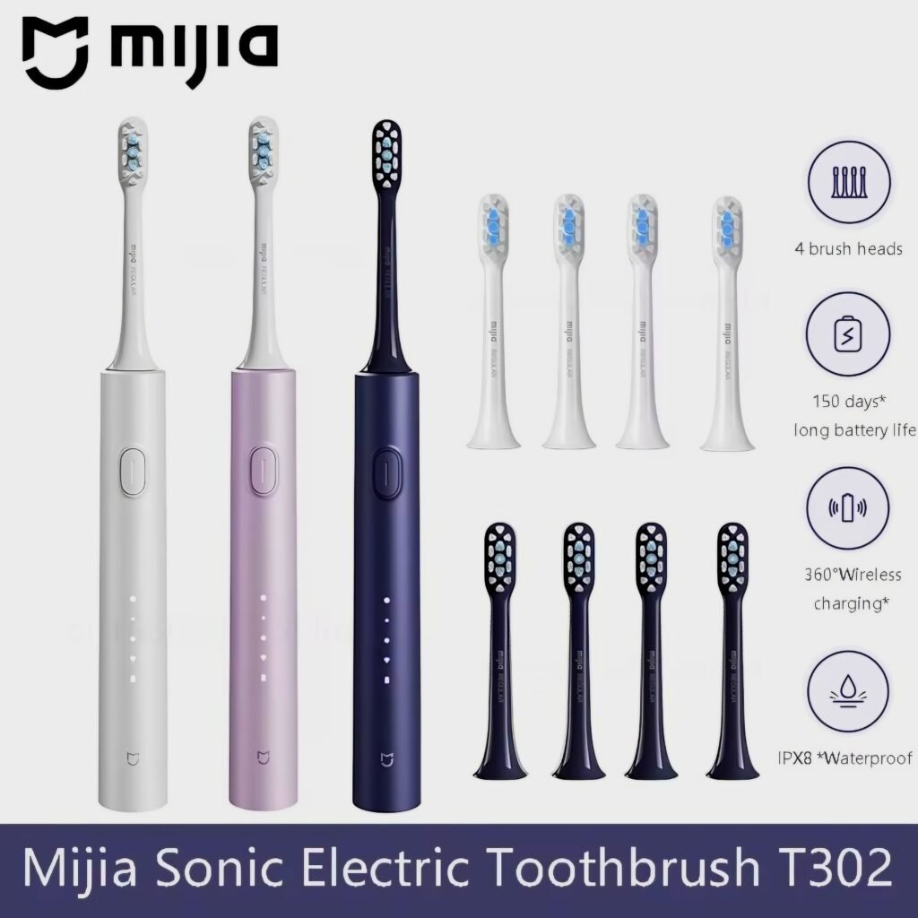 Mijia Sonic Electric Toothbrush T302 electric toothbrush set showing multiple color variants, four replacement brush heads, 150-day battery life, wireless charging, and IPX8 waterproof feature