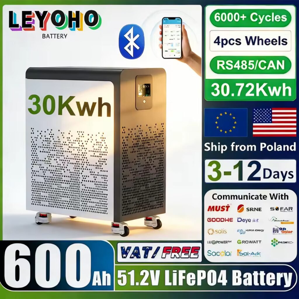 LEYOHO 48V 600Ah 30kWh LiFePO4 Battery Pack with Bluetooth, wheels, and RS485/CAN communication for home solar storage review