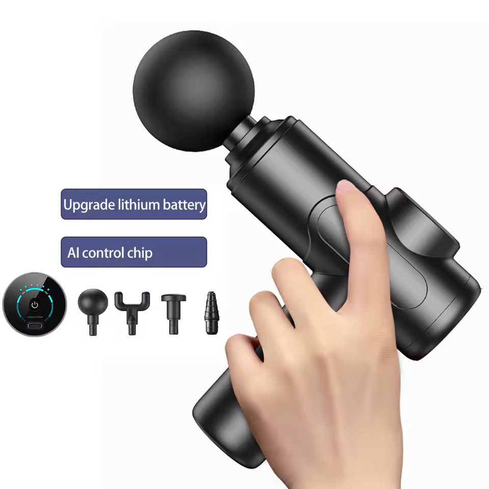A person's hand holding a black Lenovo Fascia Gun handheld massager review