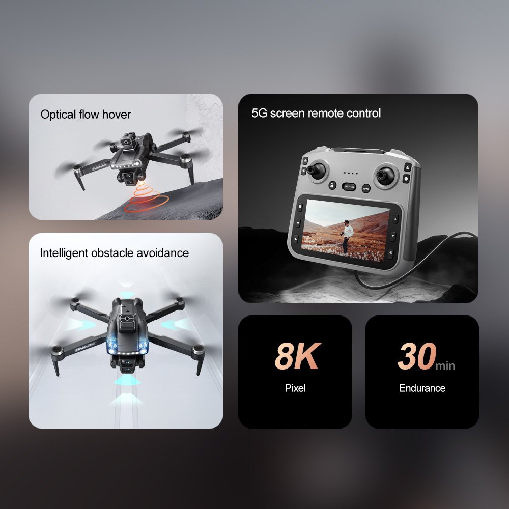 V198 Max drone remote controller with built in screen displaying 8K video resolution and 30 minute flight time icons