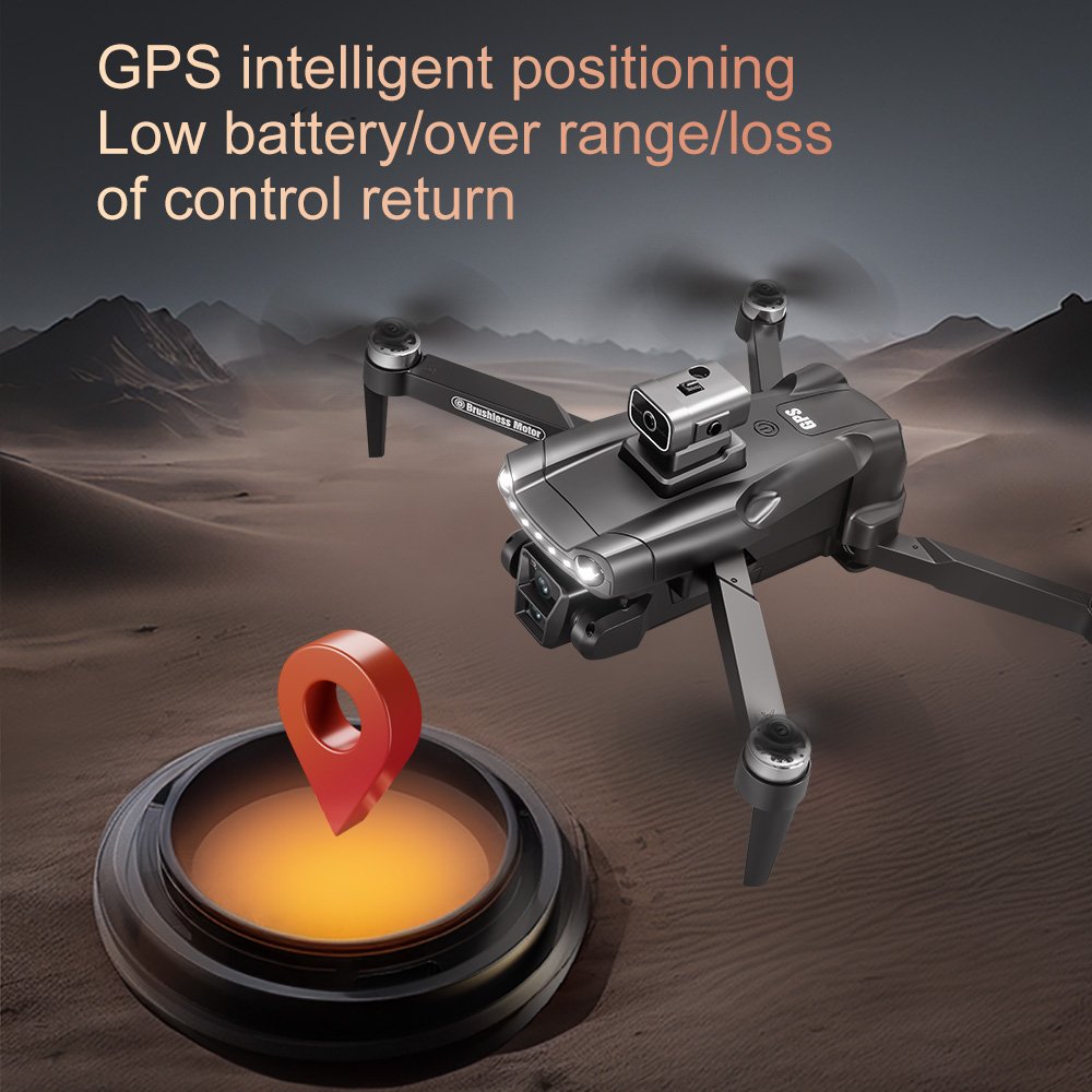 V198 Max drone GPS intelligent positioning feature graphic showing stable flight and automatic return home function