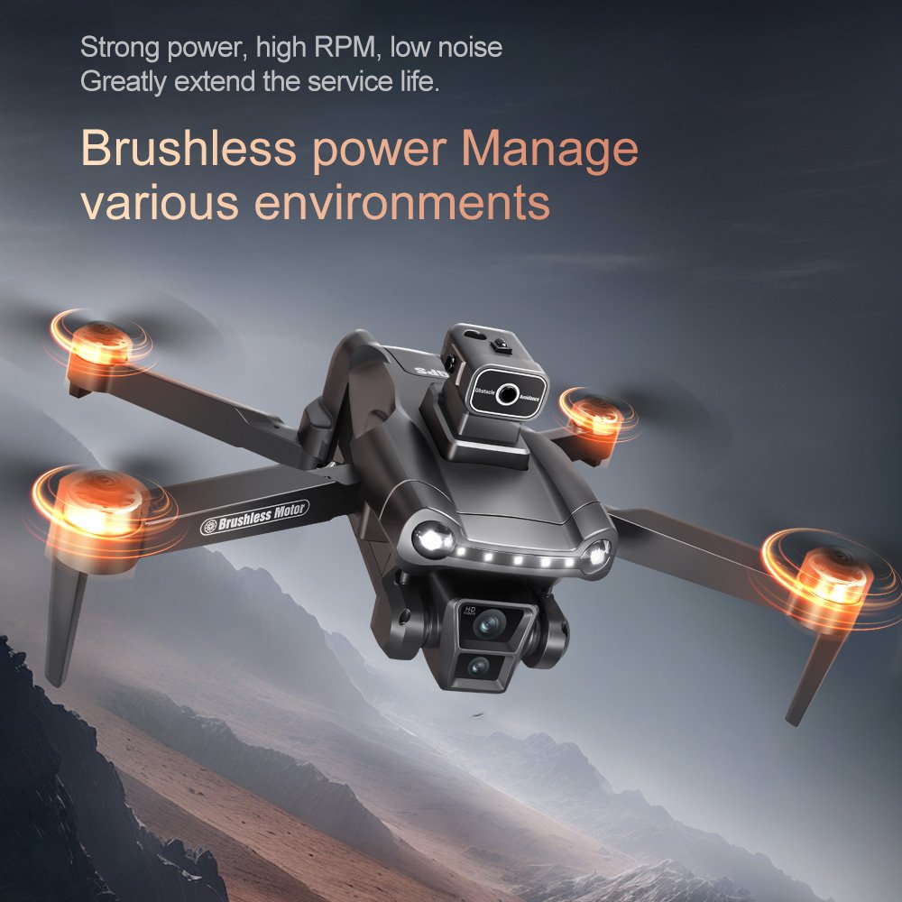 Front view of V198 Max drone highlighting brushless motor power and orange propellers for high performance flying