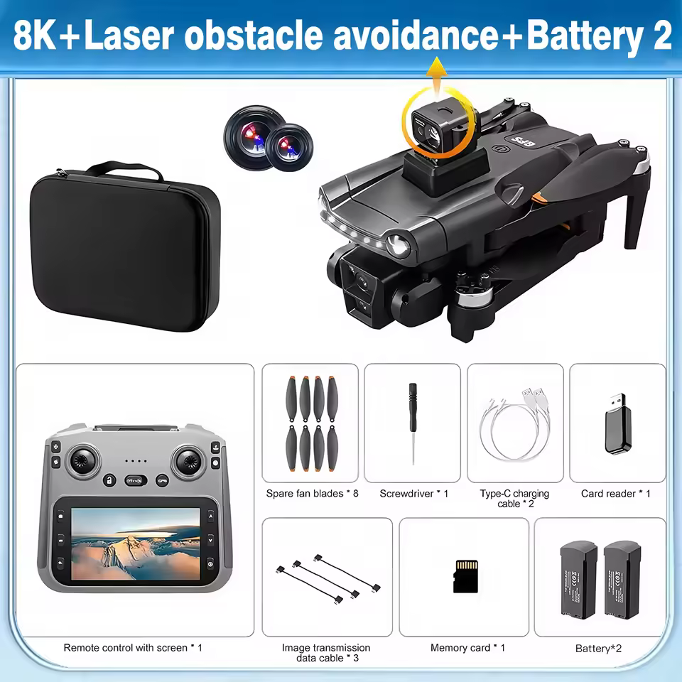 V198 Max drone package showcase displaying the drone equipped with 8K camera and laser sensor, plus a smart remote, three modular batteries, and a storage bag