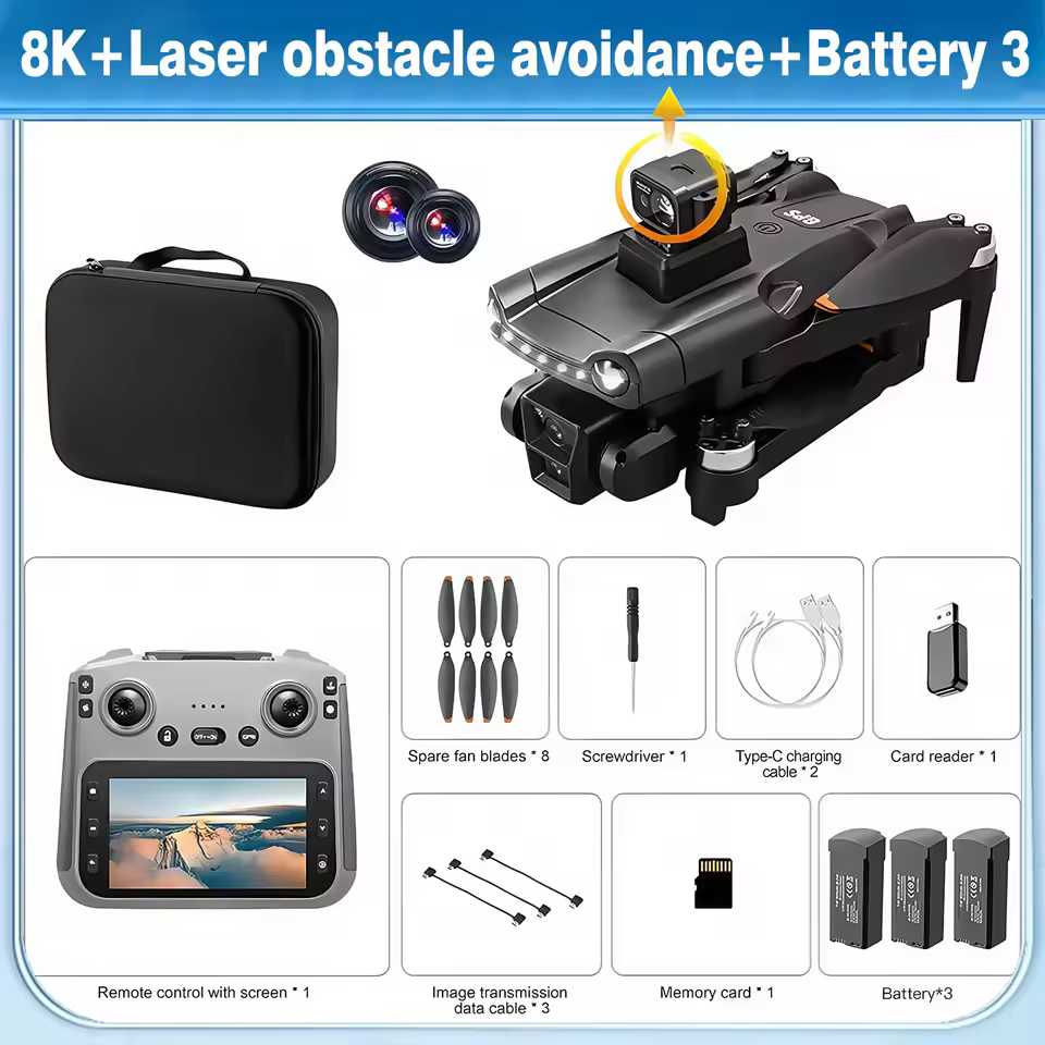Product bundle for the V198 Max drone including the black foldable drone with a top-mounted laser obstacle avoider, a remote controller with a built-in screen, three batteries, a carrying case, and spare accessories