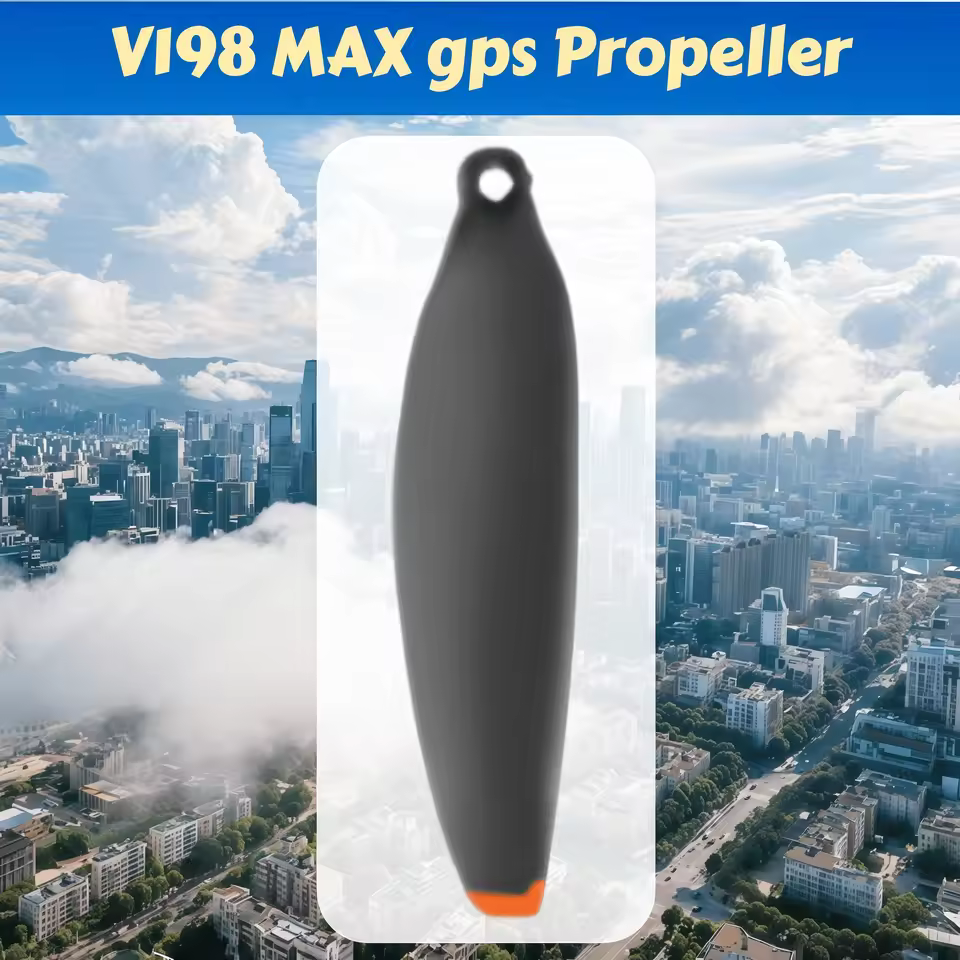 A single black replacement propeller for the V198 Max GPS drone, featuring a distinctive orange tip, shown against a city skyline background.