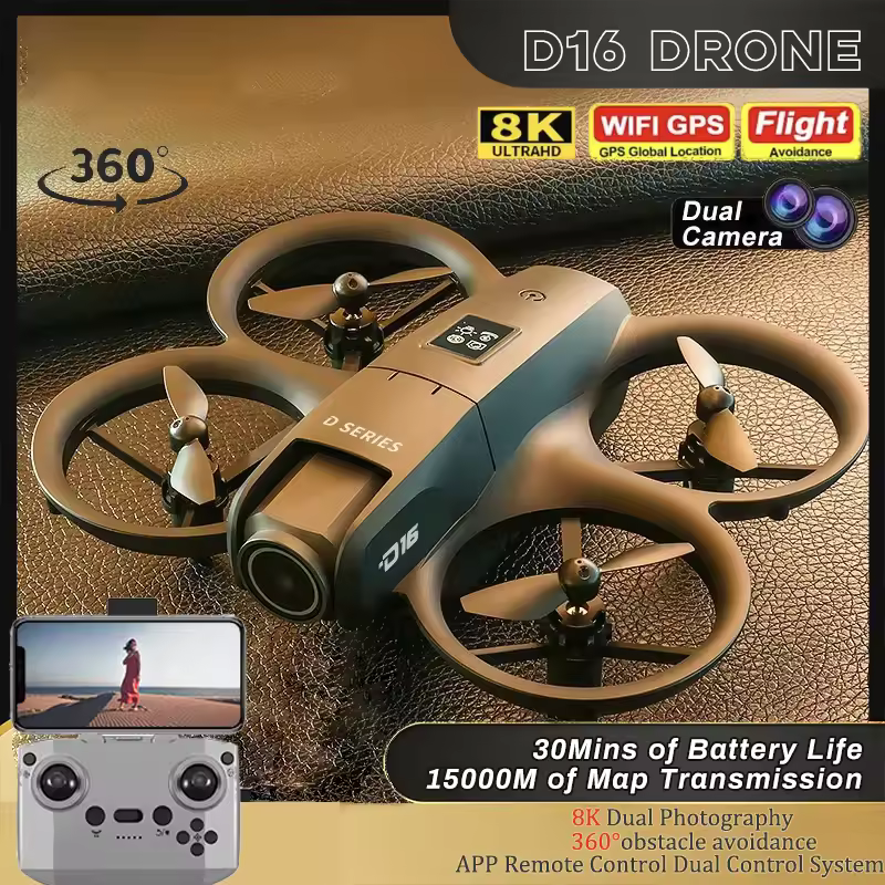 D16 Drone review showing 8K dual camera, WiFi GPS, 360 obstacle avoidance, and remote controller with phone mount