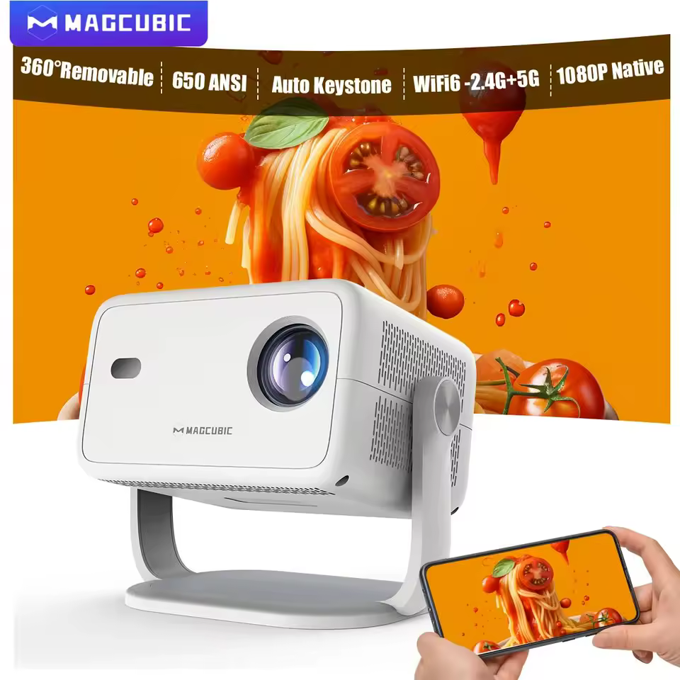 Magcubic L018 review - the white smart projector on its 360-degree stand.