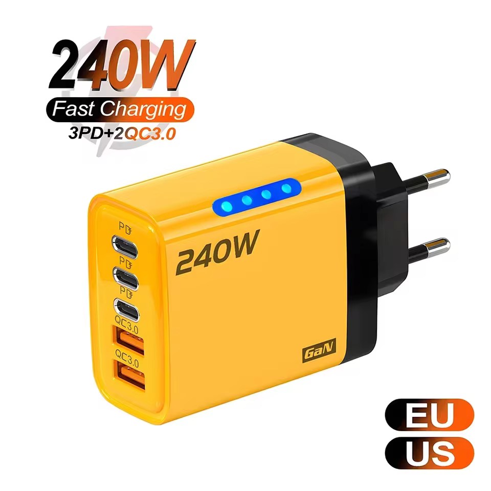 Yellow 240W GaN fast charger with 5 ports (3 PD, 2 QC) and interchangeable EU US plugs review