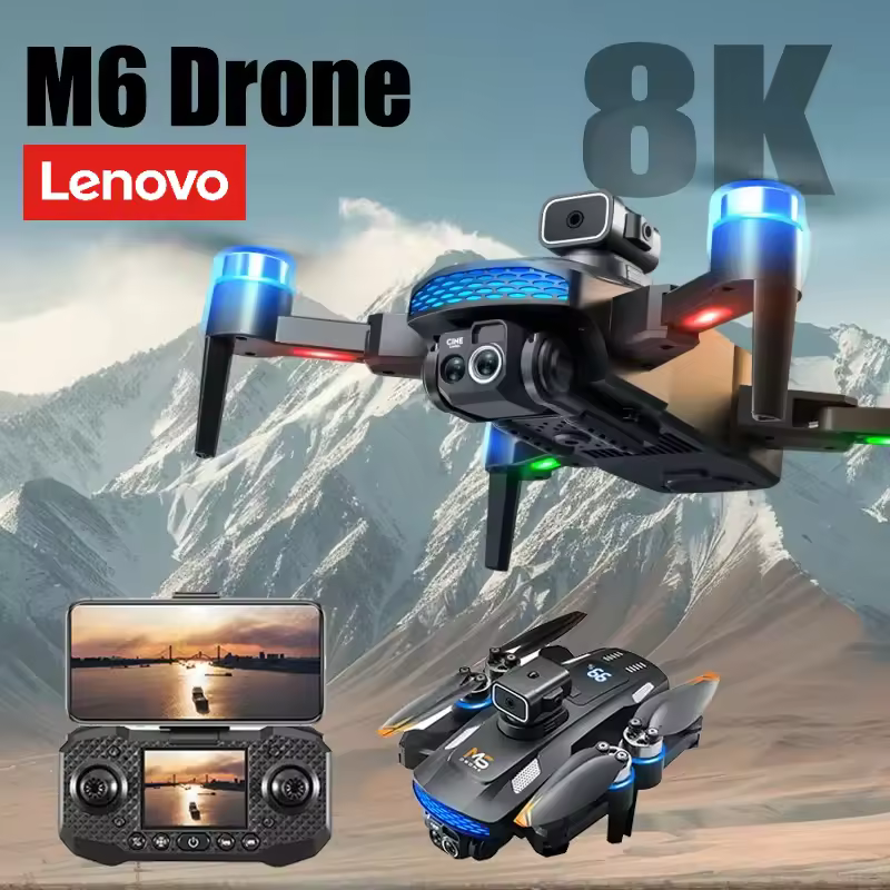 M6 drone review showing Lenovo foldable quadcopter with 8k camera and remote controller features
