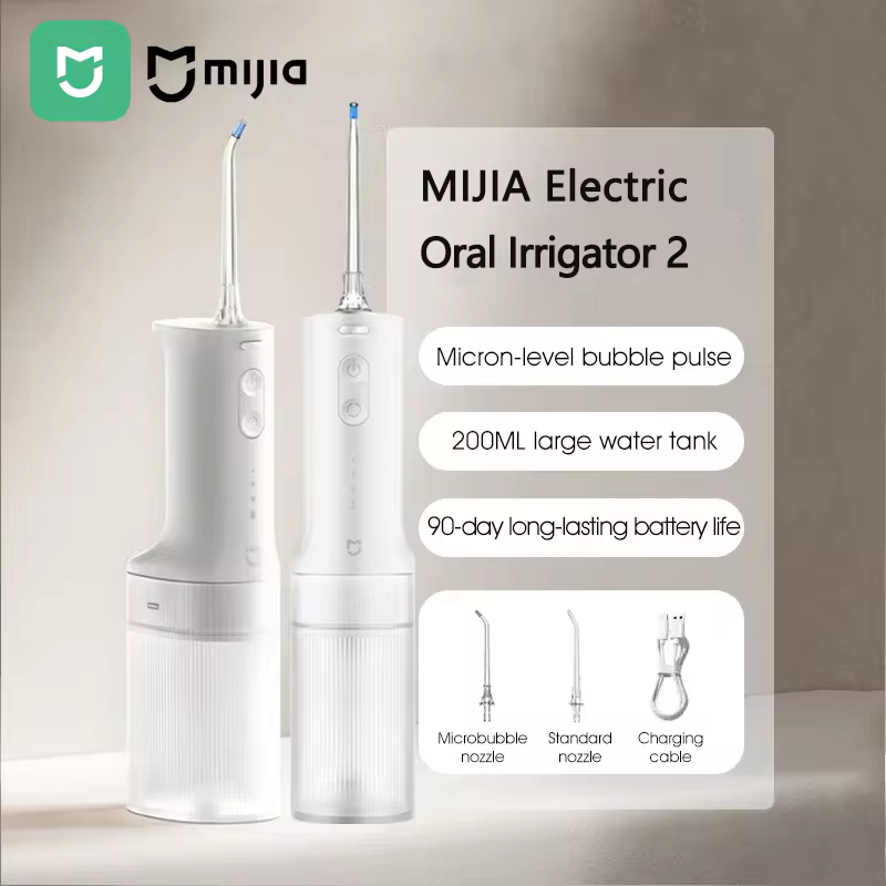 Xiaomi Mijia Electric Oral Irrigator 2 with micron-level bubble pulse, 200ml water tank, 90-day battery life, and different nozzles review