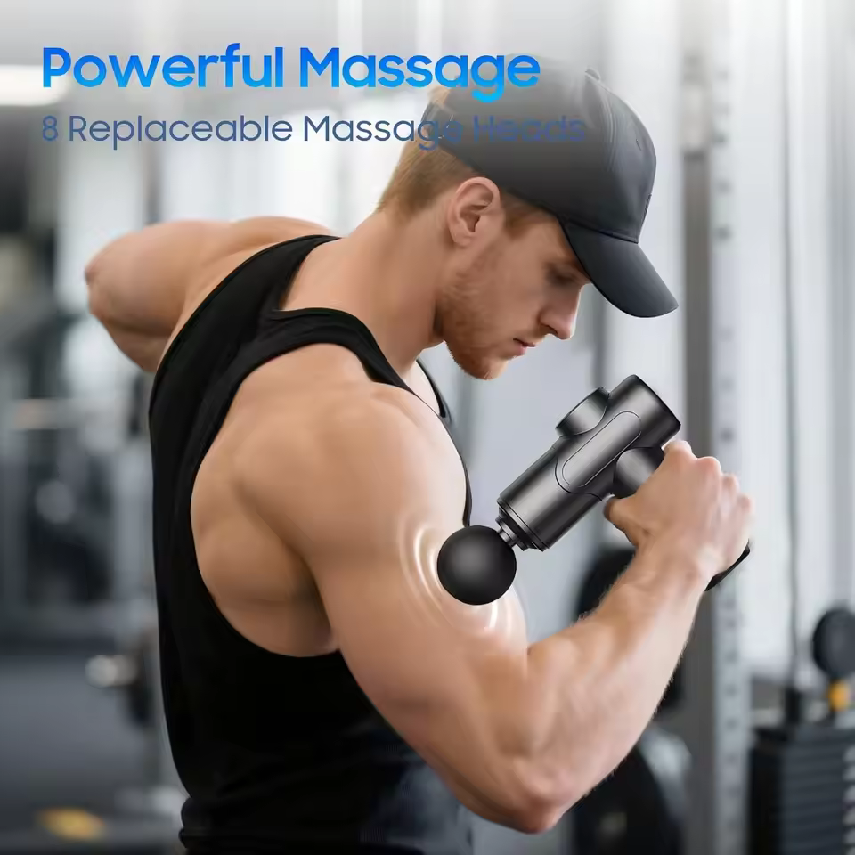 Powerful deep tissue massage using the Lenovo Fascia Gun on shoulder and trap muscles.