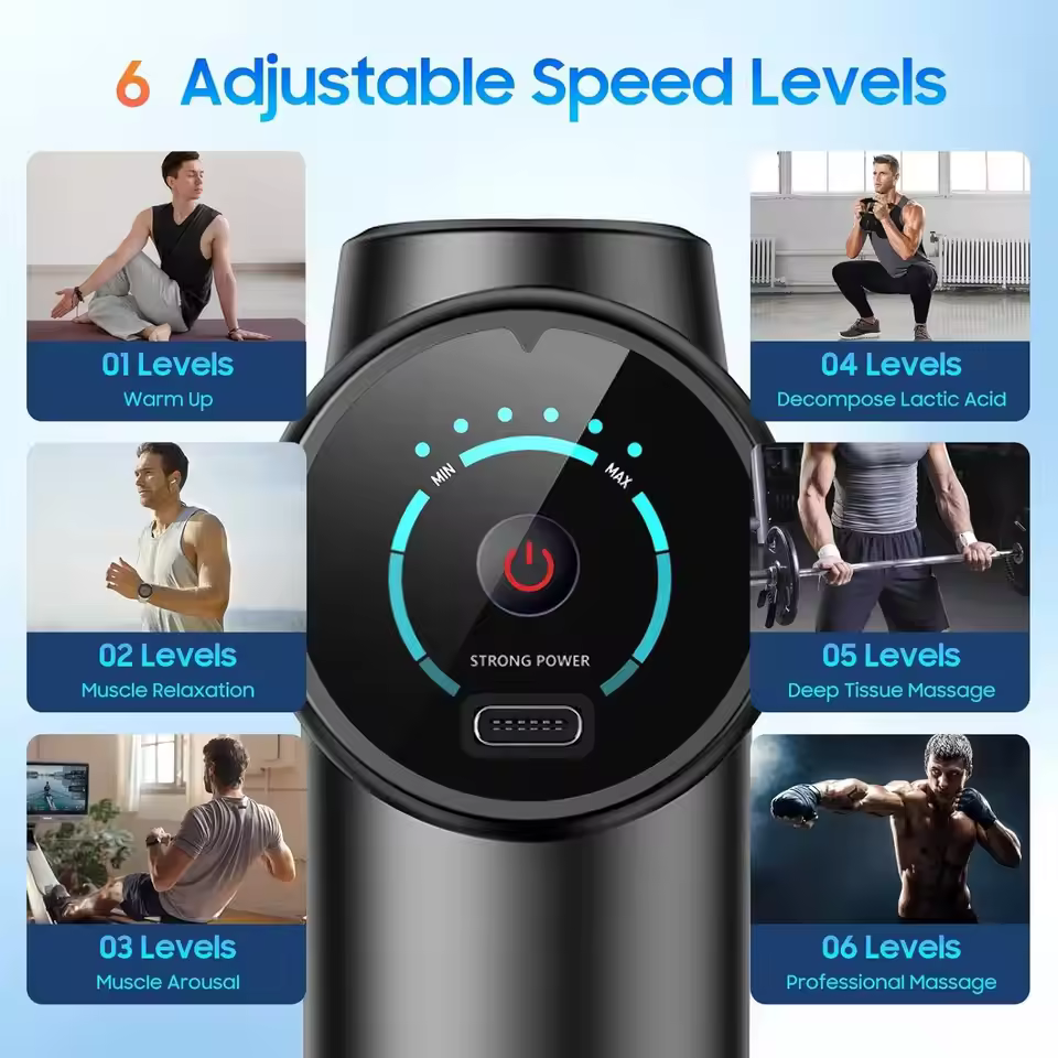 Lenovo Fascia Gun digital LCD display showing adjustable speed levels and battery status.