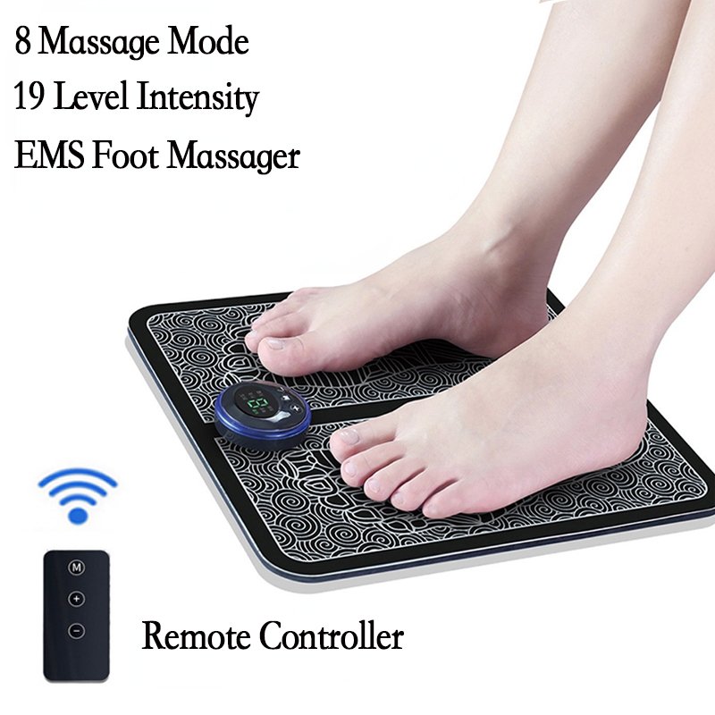 Foot massager with remote controlElectric EMS Foot Massager Pad Review showing the portable mat with 8 massage modes, 19 intensity levels, and a wireless remote controller