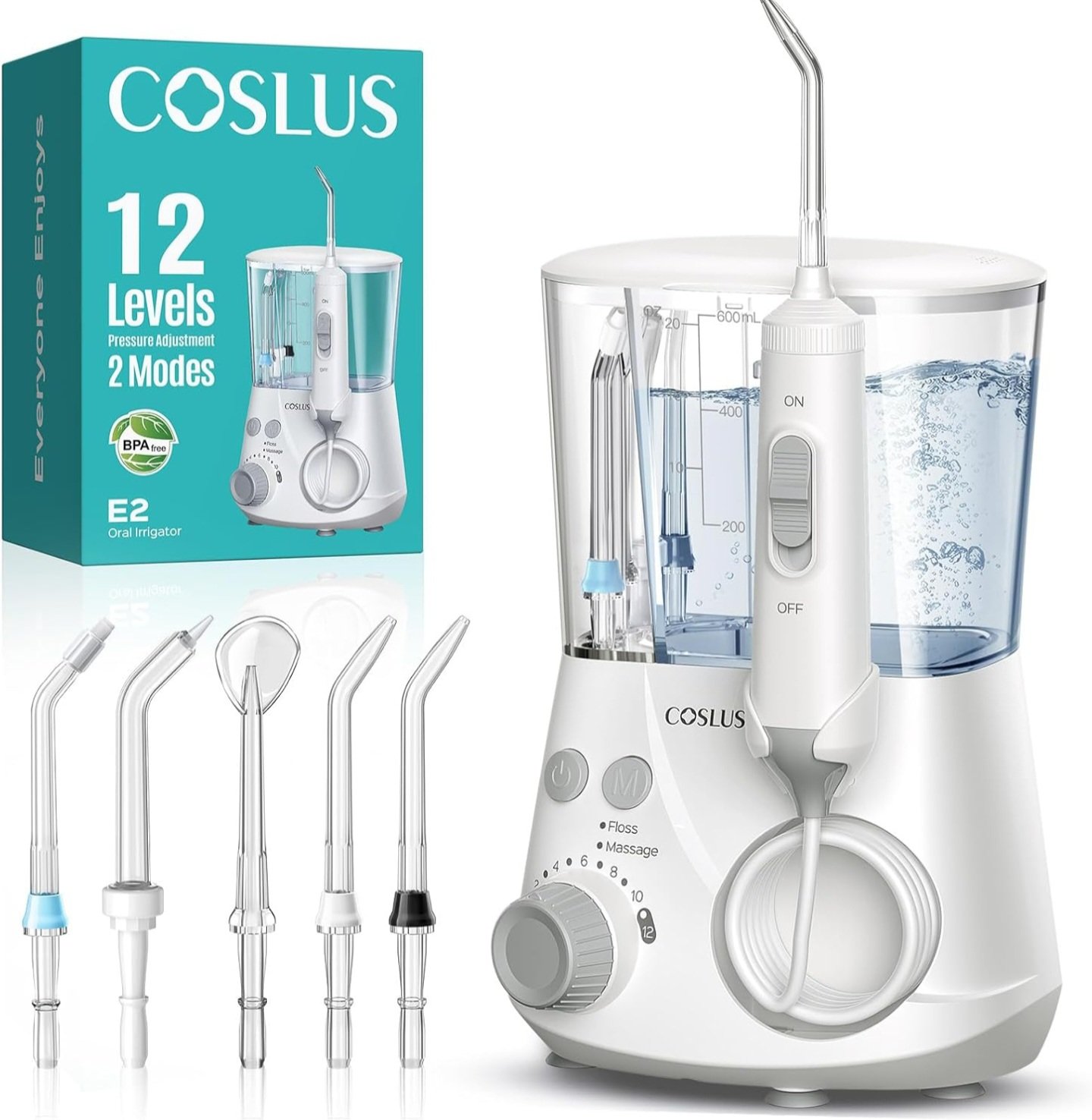 COSLUS E2 Advanced Water Flosser Review showing the white oral irrigator device with 12 pressure adjustment levels and 5 specialized jet tips.