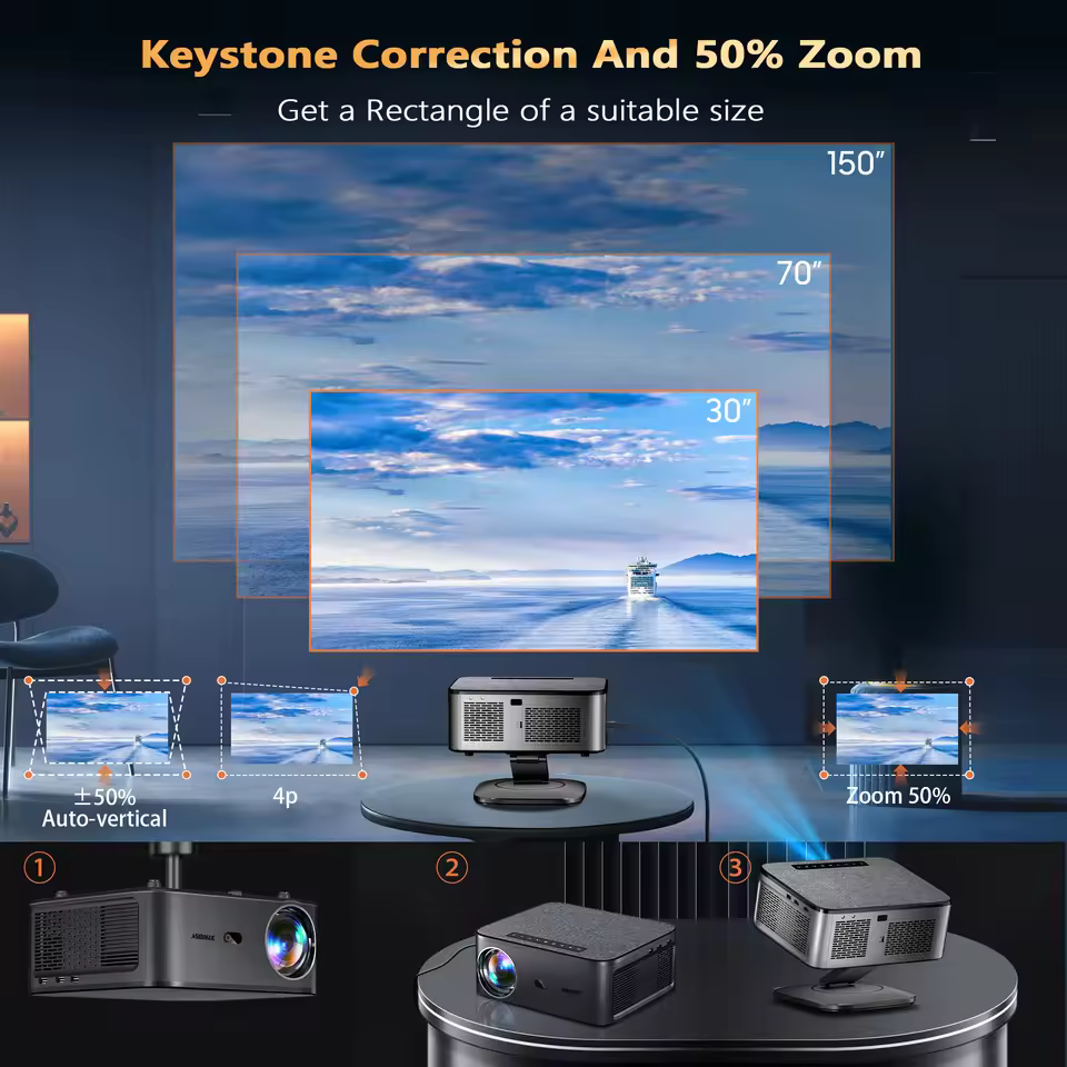 Magcubic HY350Max integrated smart beamer featuring automatic keystone correction and 200 percent zoom