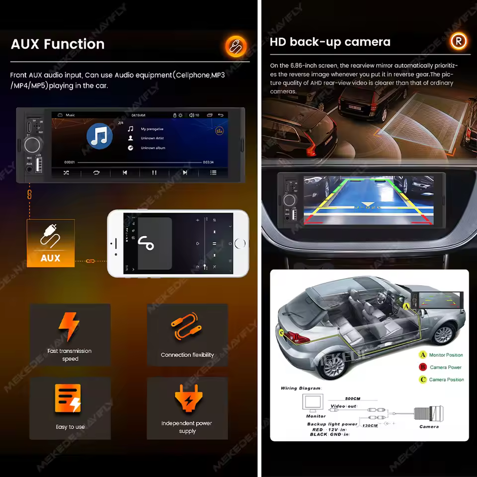 Single Din CarPlay Radio AUX function and phone charging feature