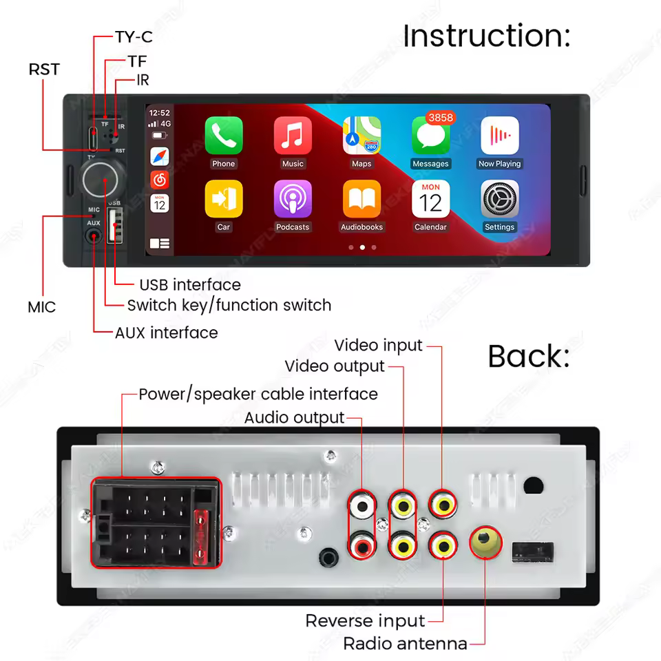 Single Din CarPlay Radio installation diagram and rear port connection details