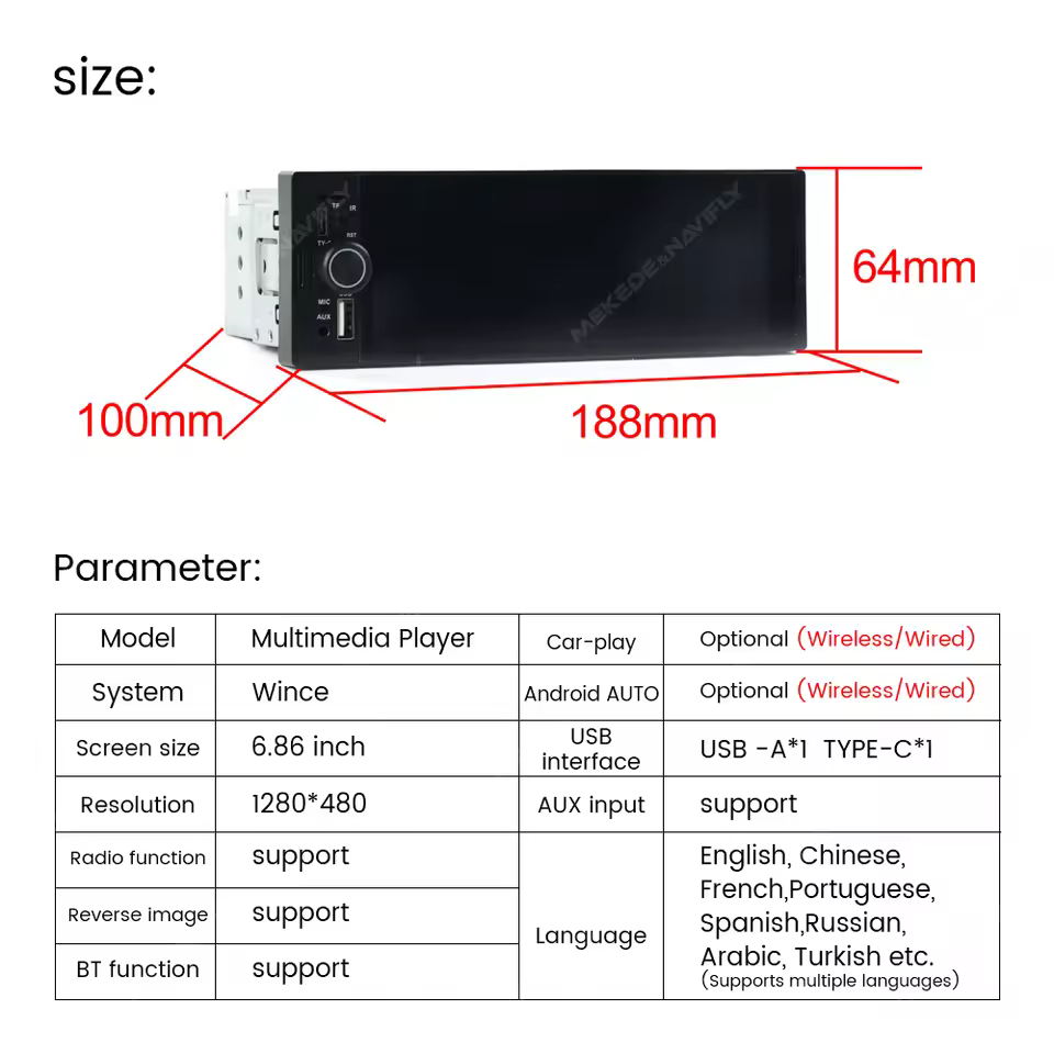 Aftermarket android auto head unit dimensions and technical specifications table