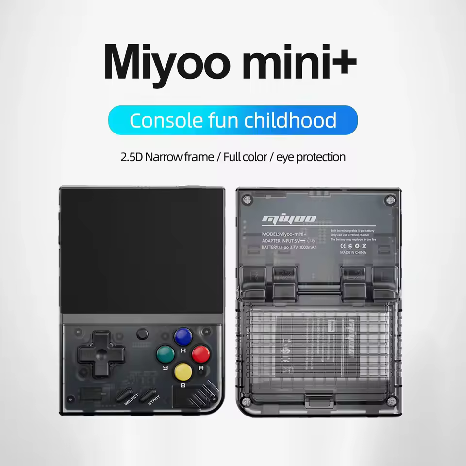Miyoo Mini Plus Review front and back view of the transparent black pocket gaming console 2025