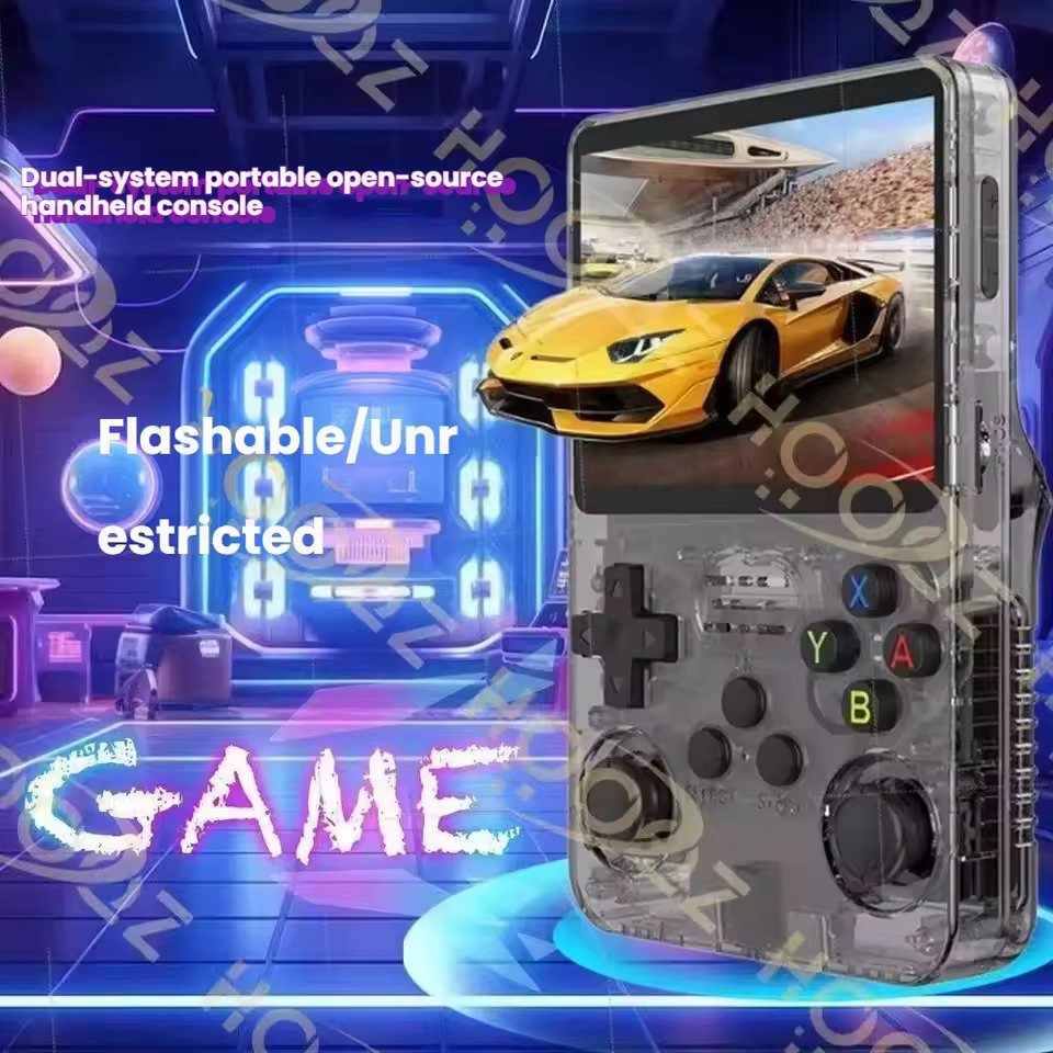 R36S Retro Handheld console with 3.5 inch IPS screen showing racing game, dual-system open-source game console