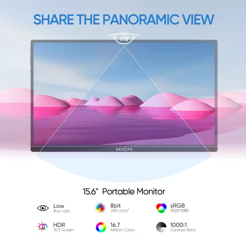 Arzopa 15.6 inch portable monitor specs showing 8bit color, HDR, and 1000:1 contrast ratio