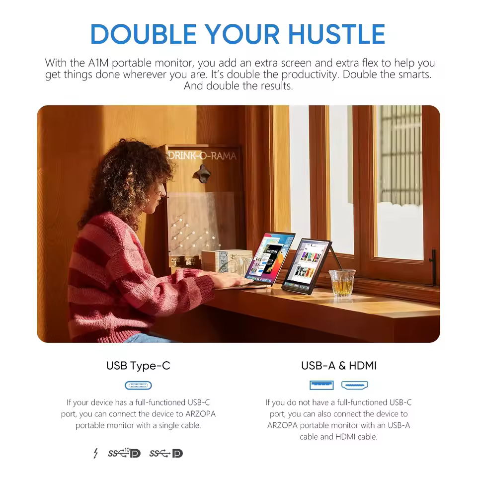 Person using Arzopa portable monitor with laptop for dual-screen productivity setup
