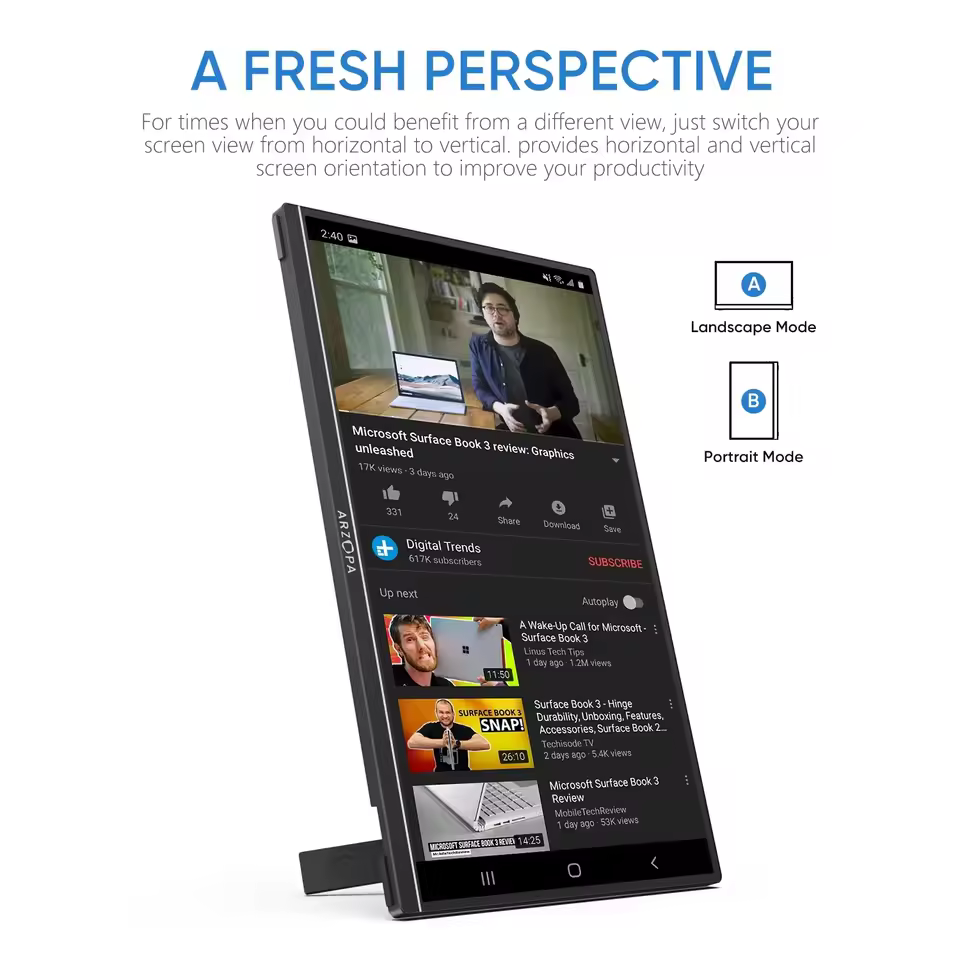 Arzopa portable monitor showing landscape and portrait screen orientation modes