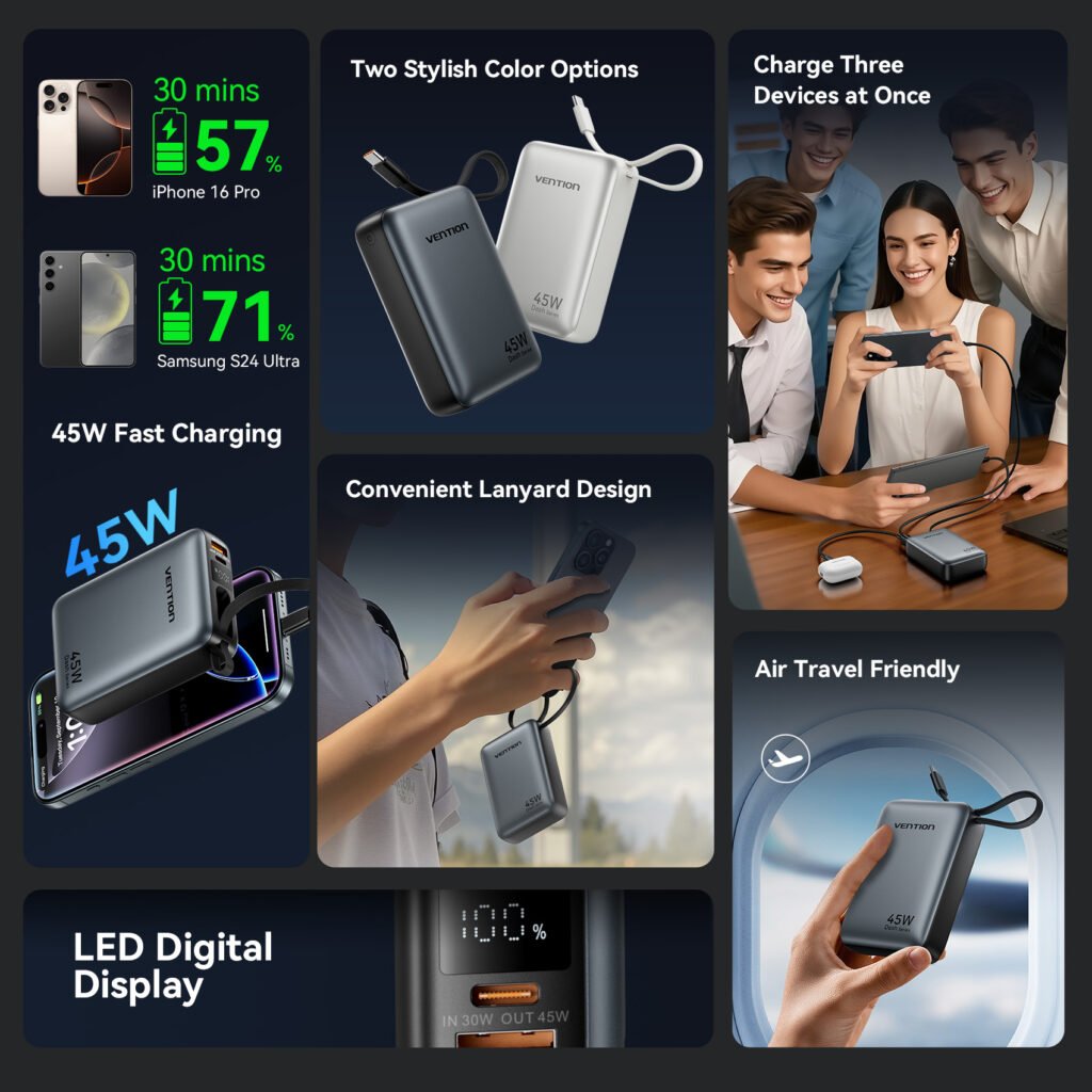 Vention 20000mAh 45W power bank internal battery cells with charging capacity stats