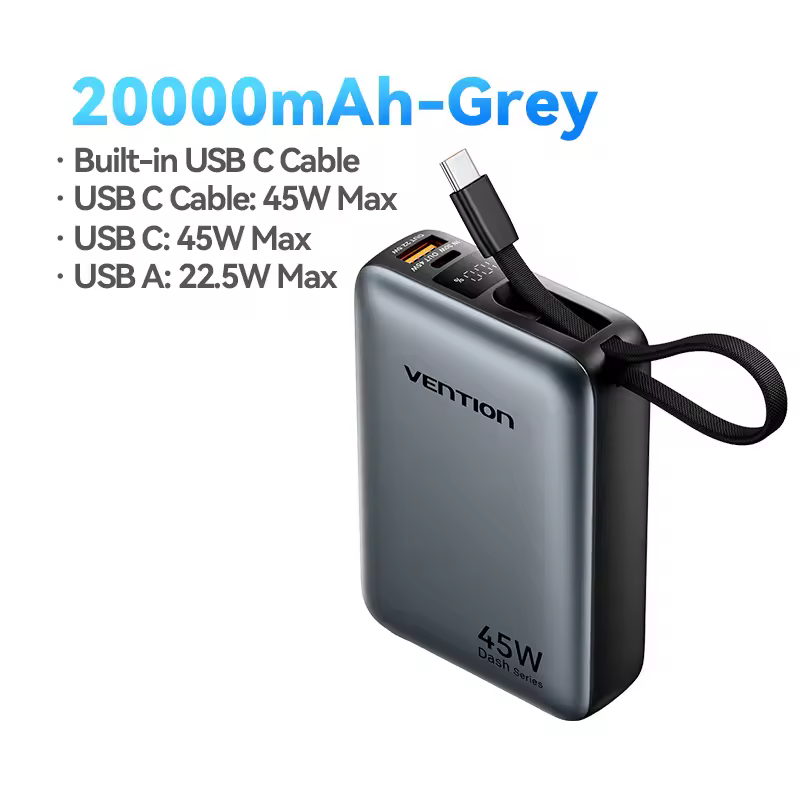 Vention 20000mAh Grey power bank with built-in USB-C cable, 45W USB-C and 22.5W USB-A output