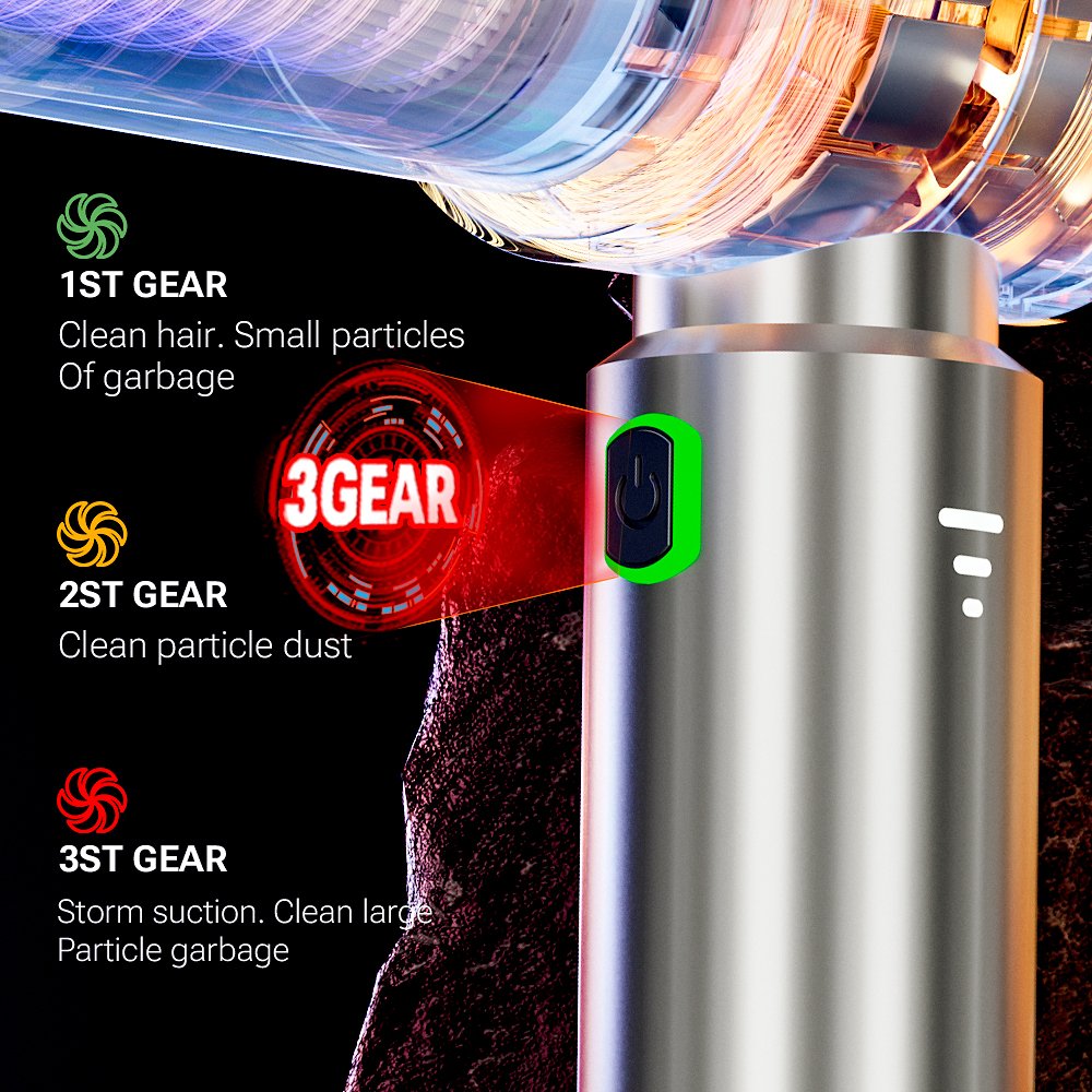 SZUK Wireless Car Vacuum 3-gear suction settings for hair and debris cleaning