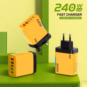 240W GaN fast charger with 5 ports 2 USB and 3 PD charging design