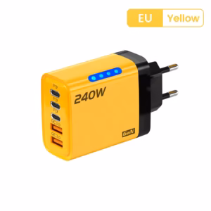 240W GaN wall charger EU plug with 5 charging ports and blue LED display
