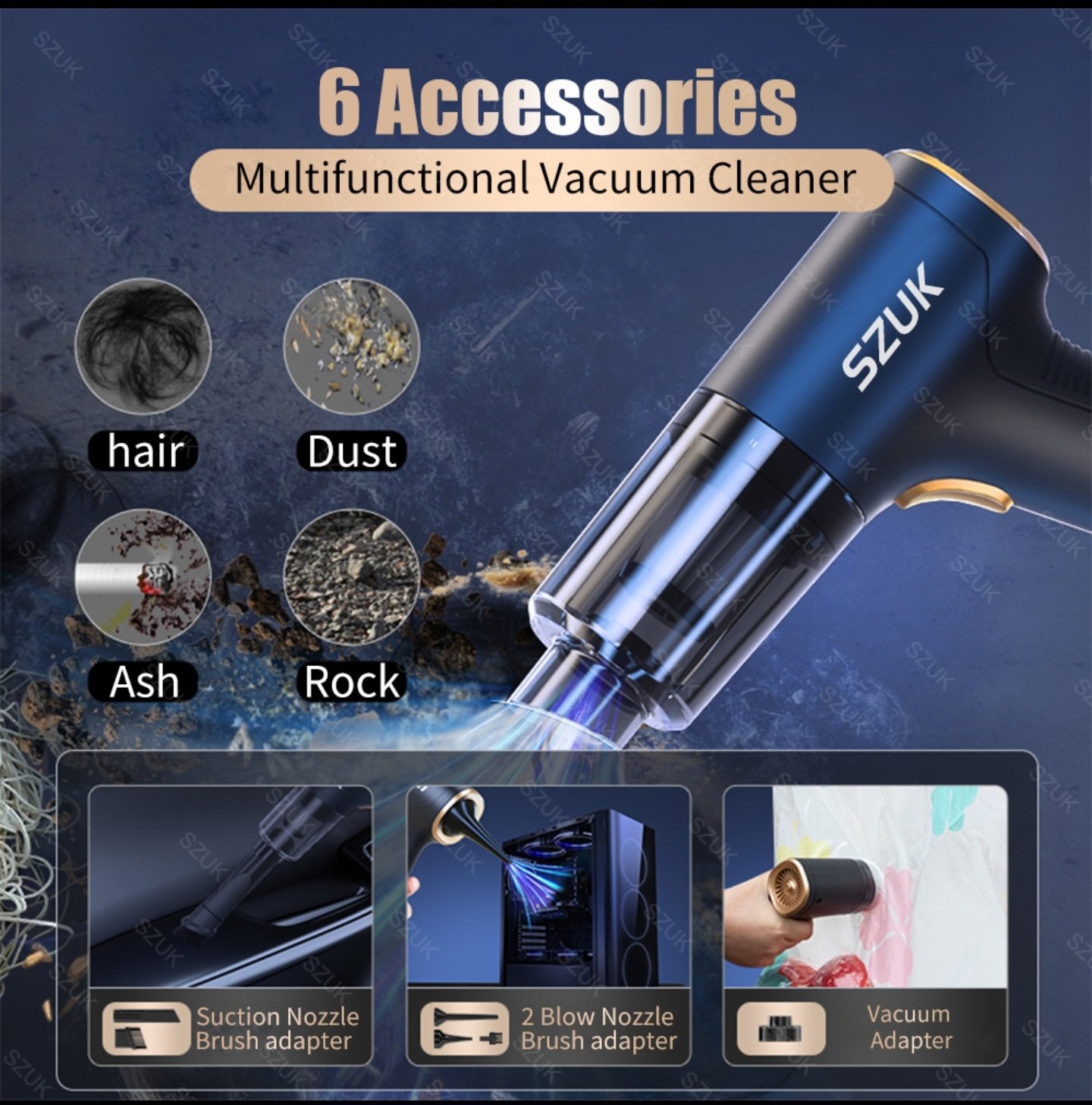 SZUK multifunctional vacuum cleaner with 6 accessories cleaning hair dust ash and rock debris