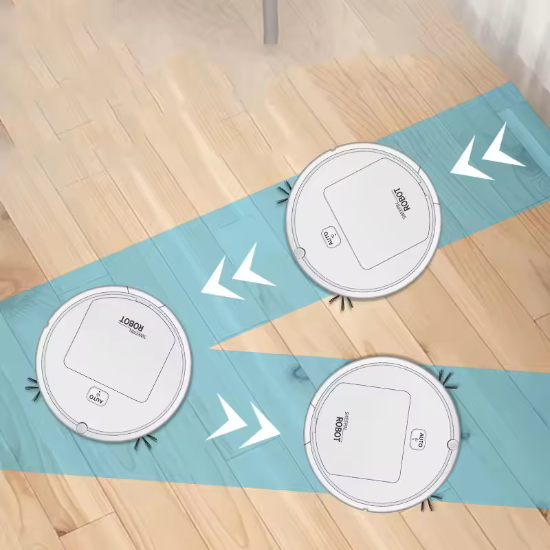 Three cheap 3-in-1 robot vacuum cleaners sweeping hardwood floor with side brushes