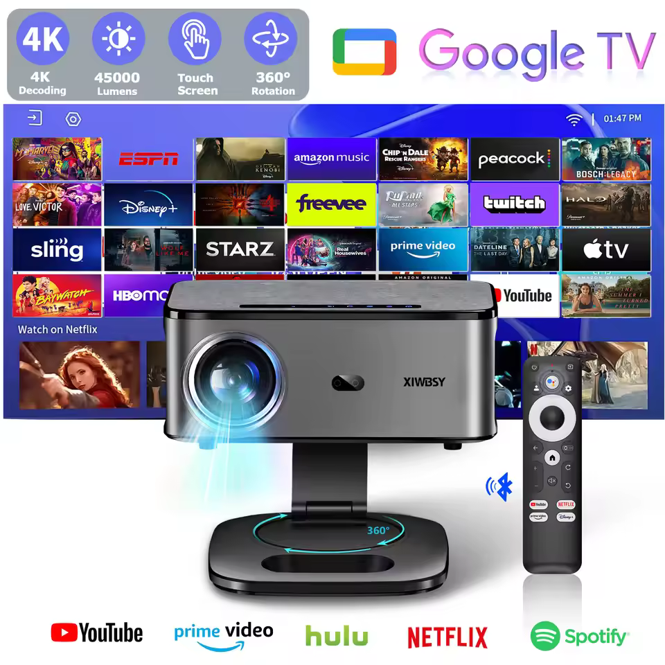 XIWBSY 4K Android smart projector with Google TV interface and remote control showing streaming apps