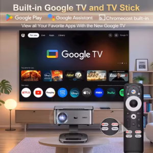 XIWBSY projector built-in Google TV interface with remote control and streaming apps