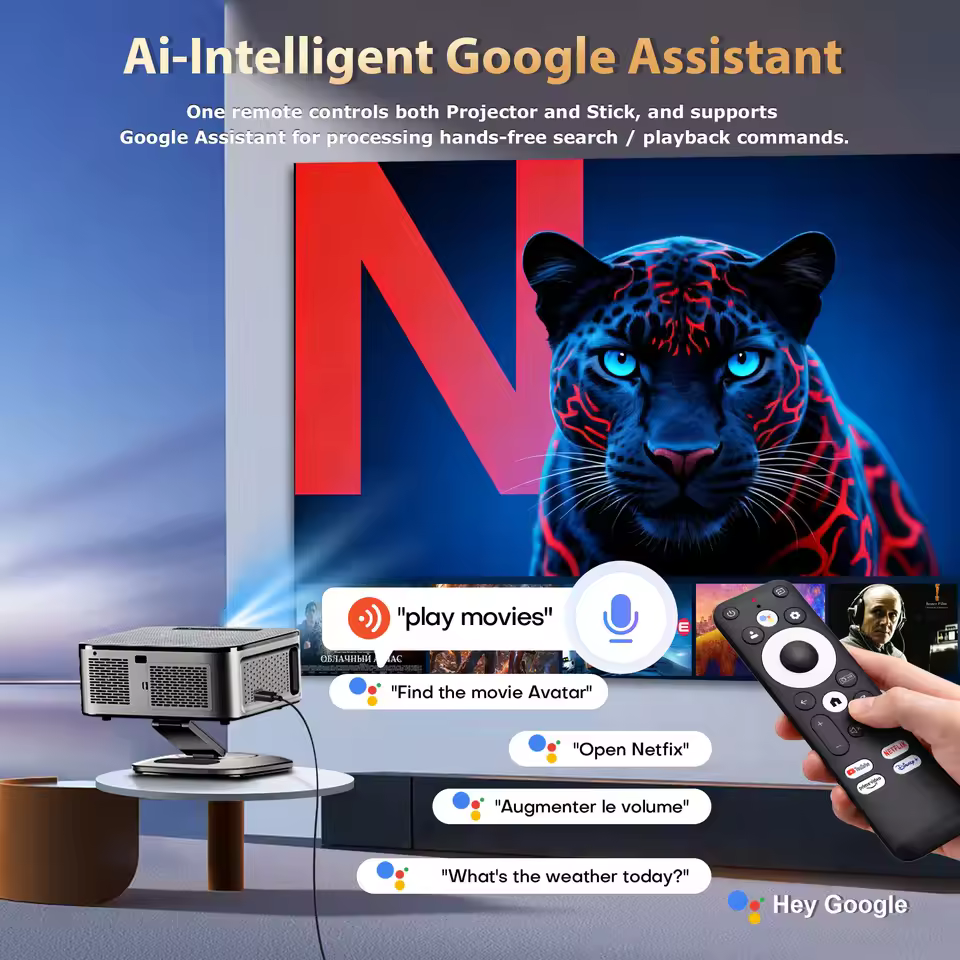 XIWBSY projector AI Google Assistant voice control with Netflix streaming and remote hands-free commands