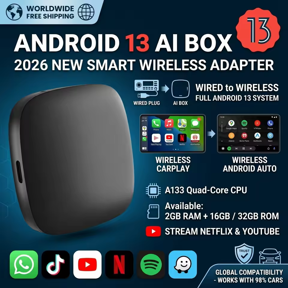 Android 13 CarPlay AI Box wireless adapter with A133 quad-core CPU and Netflix YouTube streaming apps
