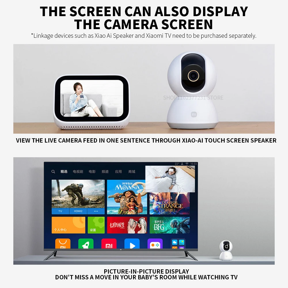 Xiaomi 360ยฐ camera live feed displayed on Xiao AI touch screen speaker and TV picture-in-picture mode
